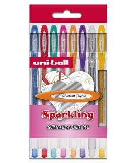 Uni-ball UM-120 SP Signo Sparkling Estuche de 8 Rollers de Tinta Gel - Punta de Bola 1mm - Tinta Pigmentada Resistente al Agua y