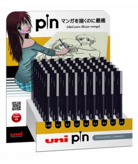 Uni-ball PIN Expositor de 54 Rotuladores Calibrados - Punta Poliacetal - Tinta Pigmentada Resistente al Agua y Luz - Color Surti