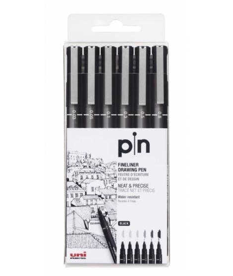 Uni-ball PIN-200(S) Pack de 6 Rotuladores Calibrados - Punta Poliacetal - Tinta Pigmentada Resistente al Agua y Luz - Ideal para