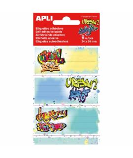 Apli Pack de 9 Etiquetas Escolares Modelo Grafitis - Tamaño 81x36mm - Adhesivo Permanente - Ideales para Marcar e Identificar Li