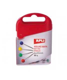 Apli Caja de 50 Agujas de Mapa - Cabeza de Plastico - Punta Metalica - Ideal para Mapas, Corcho y Manualidades - Colores Surtido