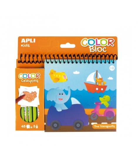 Apli Bloc de Dibujos de Transportes con Ceras - Ilustrado por Isabelle Nicolle - 45 Paginas - 5 Ceras de Colores - Ideal para Vi
