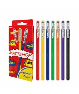 Pentel Mattehop Original Pack de 7 Boligrafos de Bola - Punta 1mm - Trazo 0.5mm - Tinta de Gel Opaca - Fabricado con 55% de Mate