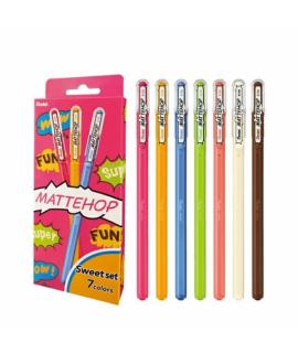 Pentel Mattehop Sweet Pack de 7 Boligrafos de Bola - Punta 1mm - Trazo 0.5mm - Tinta de Gel Opaca - Fabricado con 55% de Materia