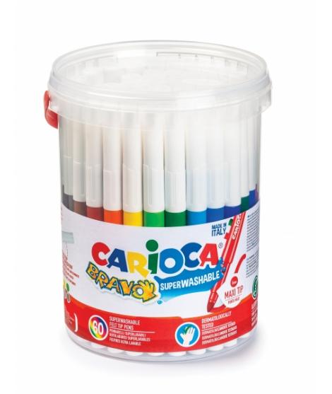 Carioca Bravo Pack de 60 Rotuladores - Cuerpo Octogonal Maxi - Tinta Superlavable - Punta Maxi 6mm Bloqueada - Tapa Ventilada - 