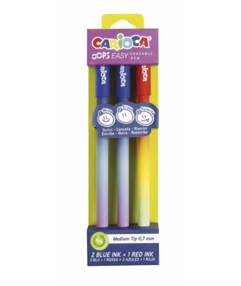 Carioca Oops Easy Pack de 3 Boligrafos Borrables - Tinta Termo Sensible - Cuerpo con Efecto Degradado - Punta de Ø 0.7mm - Doble