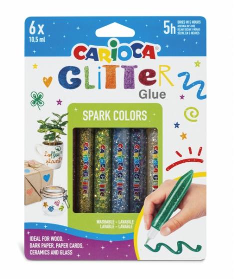 Carioca Glitter Glue Base Blister de 6 Tubitos de Cola de Color - Efecto Glitter - Aplicacion Directa - Secado en 30 Minutos - C