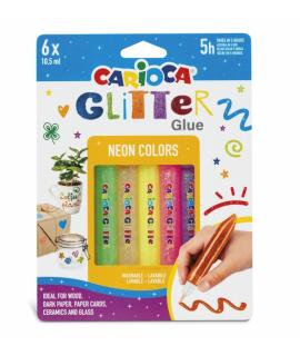 Carioca Glitter Glue Fluo Blister de 6 Tubitos de Cola de Color - para Decorar con Efecto Glitter - Se Aplica Directamente sobre
