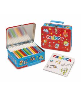 Carioca Pack de 100 Rotuladores Punta Fina y Tinta Superlavable - Caja de Metal - 1 Album para Colorear - Dedicado a Pequeños Ar