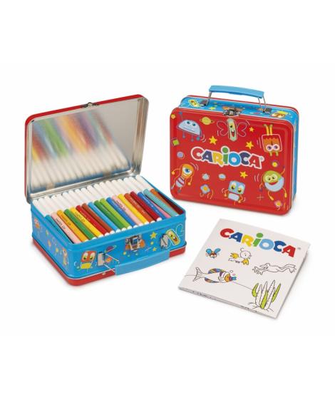 Carioca Pack de 100 Rotuladores Punta Fina y Tinta Superlavable - Caja de Metal - 1 Album para Colorear - Dedicado a Pequeños Ar