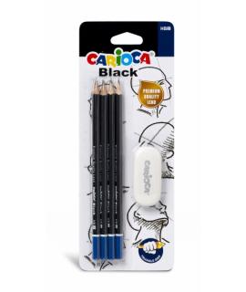 Carioca Blister de 4 Lapices de Grafito Black HB + Goma - Faciles de Borrar y Sacar Punta - Cuerpo Triangular Agradable al Tacto