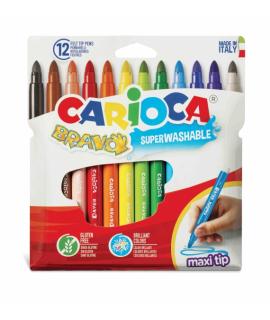 Carioca Bravo Pack de 12 Rotuladores - Cuerpo Octogonal Maxi - Tinta Superlavable - Punta Maxi 6mm Bloqueada - Tapa Ventilada - 