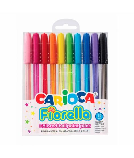 Carioca Fiorella Pack de 10 Boligrafos - Punta de Esfera - Cuerpo Transparente Fluo - Punta Ø 1mm - Escritura Brillante y Colori