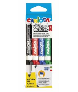 Carioca Whiteboard Clip Pack de 4 Rotuladores Borrables para Pizarras Blancas - Punta Media - Punta de Ø 4.5mm - Tapa con Clip -