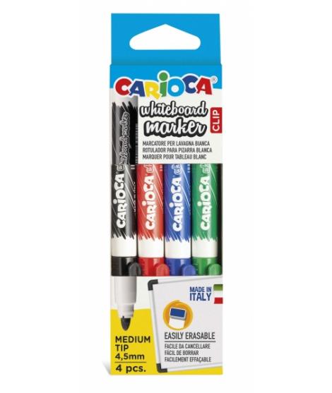 Carioca Whiteboard Clip Pack de 4 Rotuladores Borrables para Pizarras Blancas - Punta Media - Punta de Ø 4.5mm - Tapa con Clip -