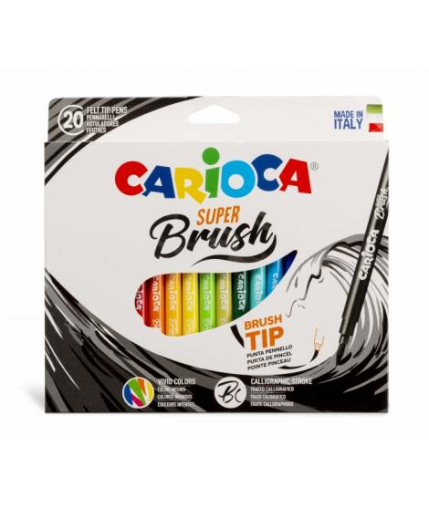 Carioca Super Brush Pack de 20 Rotuladores - Punta Pincel Suave y Flexible - Tinta Lavable - Colores Super Brillantes - Perfecto