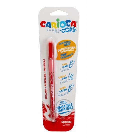 Carioca Oops Boligrafo Borrable - Tinta Roja - Termo Sensible - Empuñadura Ergonomica Triangular - Punta de Ø 0.7mm - Doble Goma