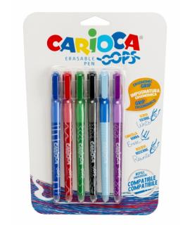 Carioca Oops Pack de 6 Boligrafos Borrables - Tinta Termo Sensible - Empuñadura Ergonomica Triangular - Punta de 0.7mm - Doble G