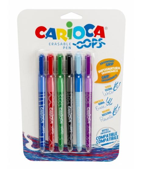Carioca Oops Pack de 6 Boligrafos Borrables - Tinta Termo Sensible - Empuñadura Ergonomica Triangular - Punta de 0.7mm - Doble G