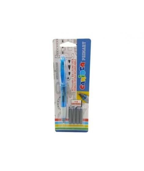 Carioca Primary Pack de 1 Boligrafo Recargable + 4 Cartuchos - Punta Roller de Acero Inoxidable - Dosificador de Flujo Constante