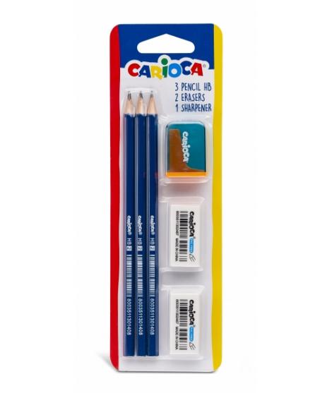 Carioca Pack de 3 Lapices de Grafito HB + 2 Gomas y Sacapunta - Facil de Borrar y Sacar Punta - Cuerpo Triangular Agradable al T