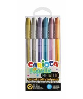 Carioca Fiorella Pack de 6 Boligrafos de Colores Metallic - Boligrafo con Punta de Esfera y Cuerpo Transparente Fluo - Escritura