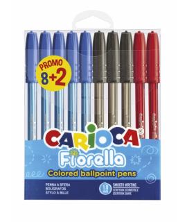 Carioca Fiorella Pack de 10 Boligrafos de Colores - Punta de Esfera - Cuerpo Transparente Fluo - Escritura Brillante y Colorida 