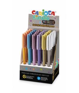 Carioca Fiorella Expositor de 30 Boligrafos de Colores Metallic - Punta de Esfera - Cuerpo Transparente Fluo - Escritura Brillan