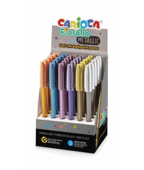 Carioca Fiorella Expositor de 30 Boligrafos de Colores Metallic - Punta de Esfera - Cuerpo Transparente Fluo - Escritura Brillan
