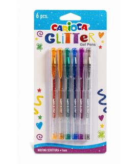 Carioca Glitter Gel Pack de 6 Boligrafos - Punta Ø 1mm - Tinta Gel Glitter - para Superficies Oscuras - Escritura Brillante y Co