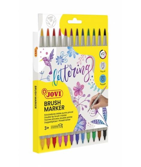 Jovi Felt Pens Estuche de 12 Rotuladores Doble Punta Pincel - Punta Fina y Flexible - Tinta Base Agua - Ideal para Lettering - C