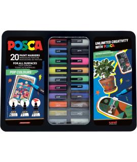 Posca Pop Colours Maleta Metalica con 20 Marcadores de Pintura - Surtido en Color y Trazo - Punta de Poliester - Tinta Pigmentad