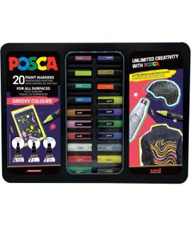 Posca Groovy Colours Maleta Metalica con 20 Marcadores de Pintura - Surtido en Color y Trazo - Punta de Poliester - Tinta Pigmen