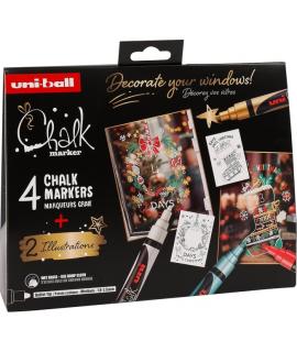 Uni-ball Chalk Colores Navidad Pack de 4 Marcadores de Tiza Liquida + Posters - Punta Conica 1.8-2.5mm - Borrado en Humedo - Res