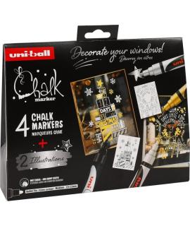 Uni-ball Chalk Colores Escandinavos Pack de 4 Marcadores de Tiza Liquida + Posters - Punta Conica 1.8-2.5mm - Borrado en Humedo 