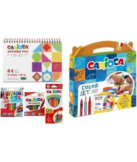 Carioca Color Set Pack con 12 Ceras, 12 Rotuladores y 12 Lapices de Colores + Bloc de Dibujo A4 - Colores Surtidos