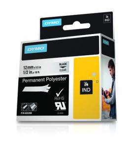 Dymo Rhino ID1-12 Cinta de Etiquetas Original para Rotuladora - Texto Negro sobre Fondo Transparente - Ancho 12mm x 5.5 metros -