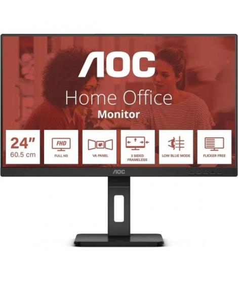 AOC Monitor 24" LED IPS FullHD 1080p 75Hz - Respuesta 4ms - Ajuste de Altura - Angulo de Vision 178° - Altavoces Incorporados - 