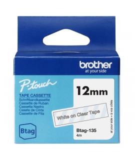 Brother Btag-135 Cinta 12mm - Texto Blanco sobre Fondo Transparente - Medidas 12mmx4 Metros - Apta para PTN10, PTN20, PTN25BT