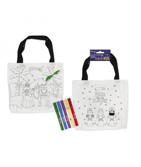 Bismark Bolsa para Colorear Reyes Magos con Asas + 5 Rotuladores - Medidas 21.5x20cm sin contar las Asas - 2 Diseños
