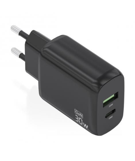 Aisens Cargador GaN 30W - 1xUSB-C PD3.0 QC4.0 - 1xUSB-A QC3.0 - Color Negro
