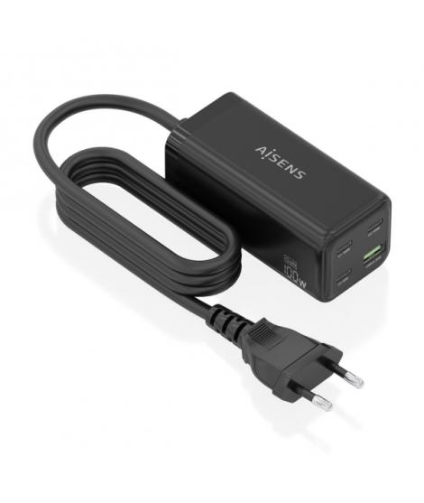 Aisens Cargador GAN 100W - 3xUSB-C PD3.0, QC4.0, QC5.0 - 1xUSB-A QC3.0 - Cable 1.4 Metros - Color Negro