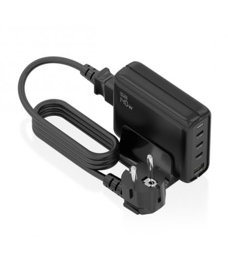 Aisens Cargador GAN 140W - 3xUSB-C PD3.0, QC4.0, QC5.0 - 1xUSB-A QC3.0 - Cable 1.4 Metros - Color Negro