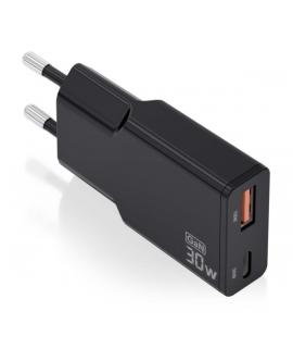 Aisens Cargador GaN Ultra Delgado 30W - 1xUSB-C PD3.0 QC4.0 - 1xUSB-A QC3.0 - Color Negro
