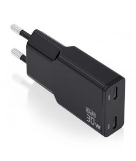 Aisens Cargador GaN Ultra Delgado 30W - 2xUSB-C PD3.0 QC4.0 - Color Negro