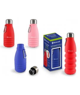 Bismark Botella de Silicona Plegable 550ml - Tapon de Acero Inoxidable - Mosqueton de Transporte - Colores Rosa, Rojo y Azul