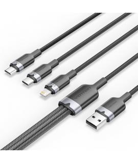 Vention Cable USB-A 2.0 a USB-C, Lightning, Micro-B 3A - 1.5m - Trenzado - Color Negro