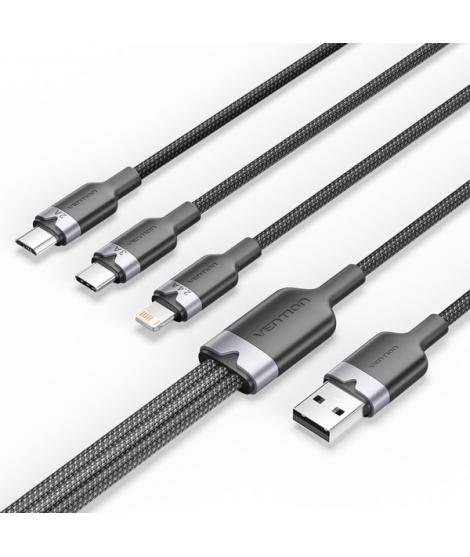 Vention Cable USB-A 2.0 a USB-C, Lightning, Micro-B 3A - 1.5m - Trenzado - Color Negro