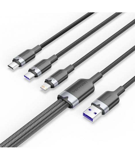 Vention Cable USB-A 2.0 a USB-C, Lightning, Micro-B 6A - 1.5m - Trenzado - Color Negro