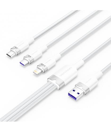 Vention Cable USB-A 2.0 a USB-C, Lightning, Micro-B 6A - 1.5m - Trenzado - Color Blanco